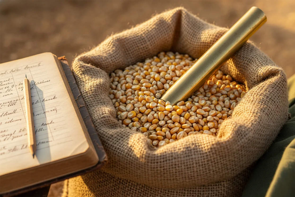 An open hessian sack of golden maize kernels with a brass grain probe lying diagonally across the sack opening; a weathered ledger book with handwritten entries at the edge, wooden pencil resting on the page.
