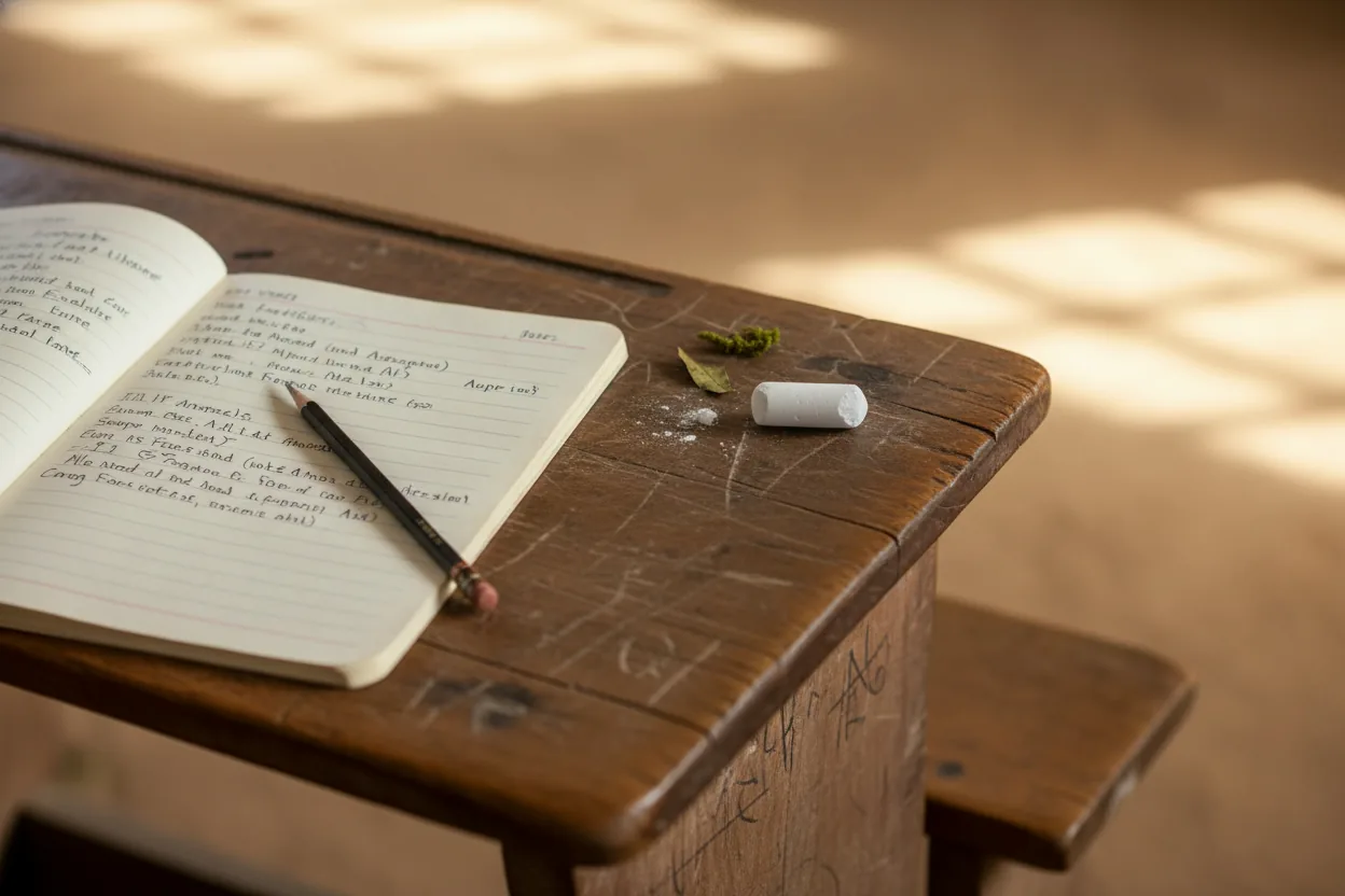 A wooden classroom desk in a rural Zimbabwean primary school: open exercise book with handwritten notes, sharpened pencil, single chalk-stub, soft dappled morning light through window panes.