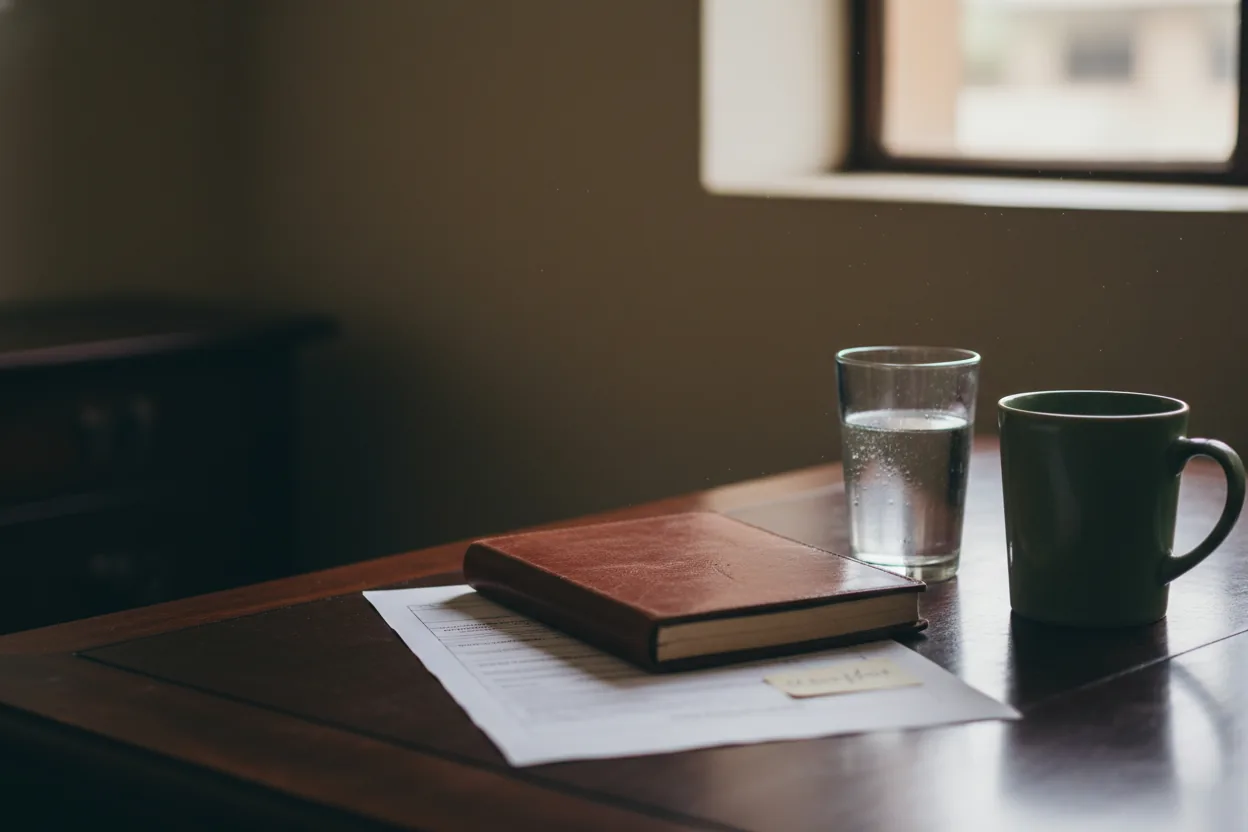A quiet trading-desk vignette: closed leather notebook on a printed deal sheet, glass of water with condensation, moss-green ceramic mug, soft window light, dark wooden desk surface.