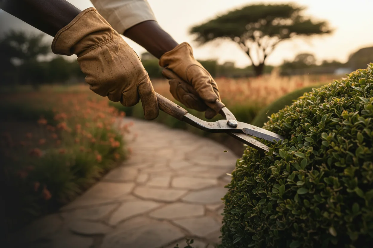 A craftsman's gloved hands trimming a boxwood hedge with traditional shears in a Zimbabwean garden at golden hour; stone path, planted bed, mature acacia tree.