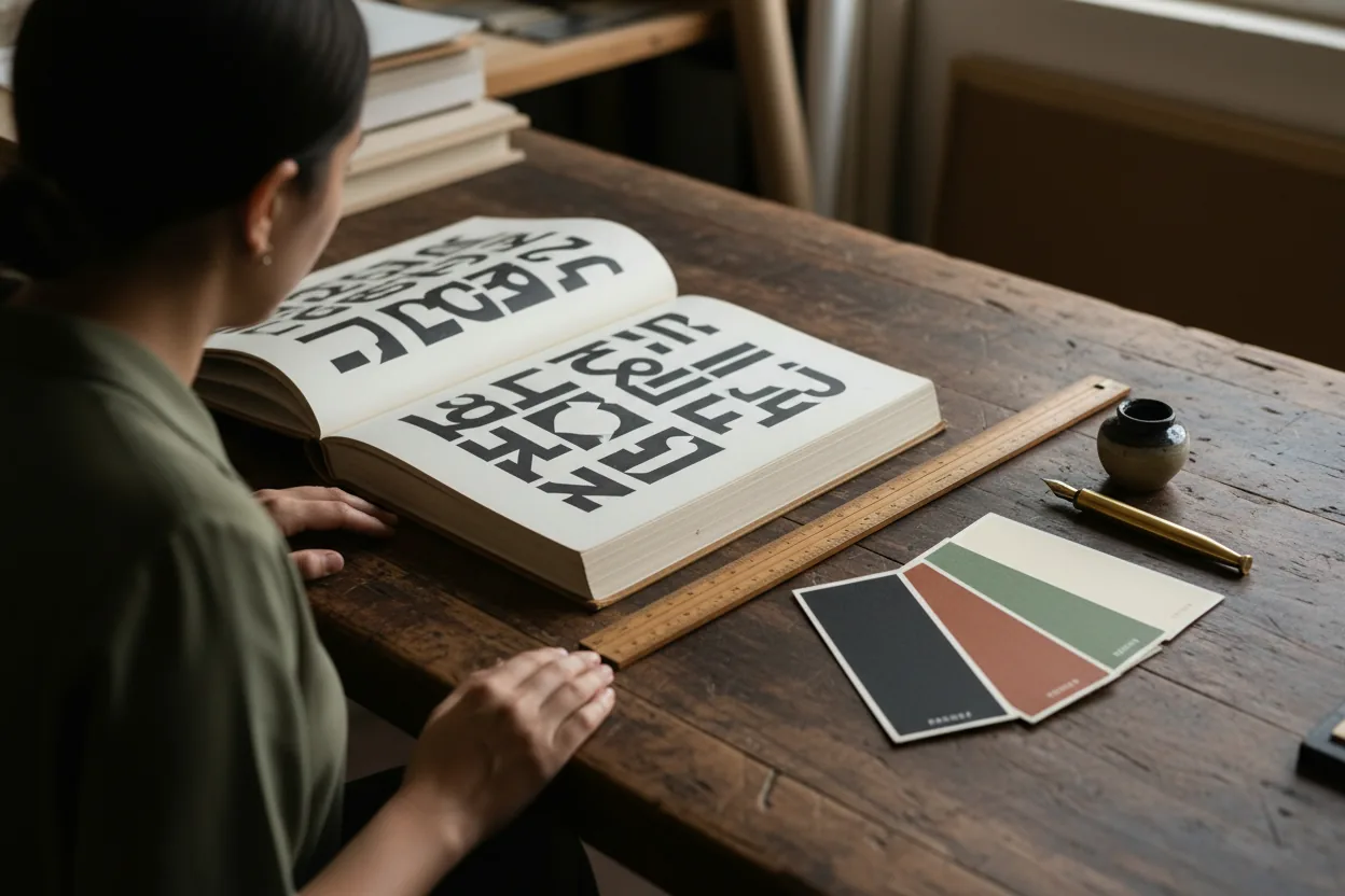 A studio working bench: open type-specimen book showing stylised letterforms, wooden ruler, brass fountain pen, ceramic ink-well, colour-swatch cards in the Studios palette fanned across the surface.