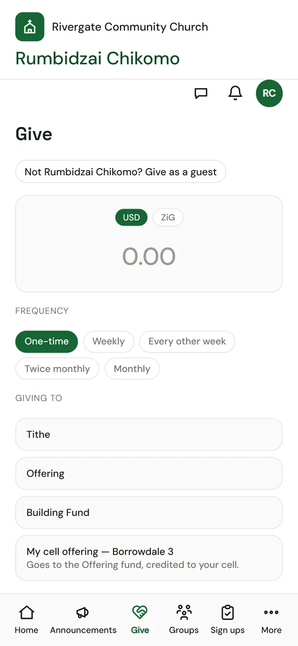 ChurchOS member app giving — USD or ZiG, one-time or recurring, to tithe, offering, building fund or their cell