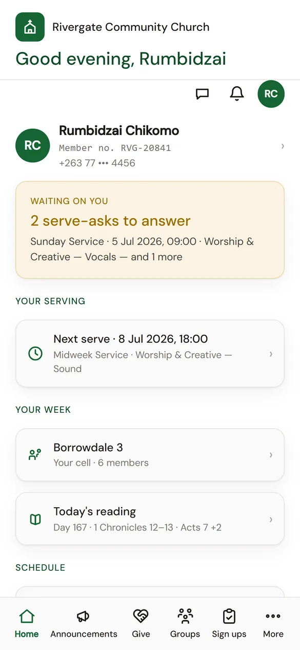 ChurchOS member app home — serve-asks waiting on the member, their next serve, their cell and today's reading