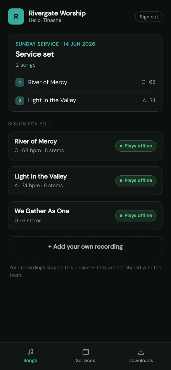 ChurchOS practice app — the Sunday set and songs that play offline for the worship team