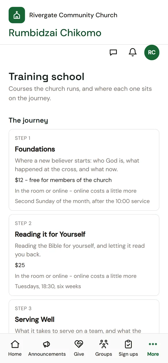 ChurchOS member app training school — the discipleship journey, step by step