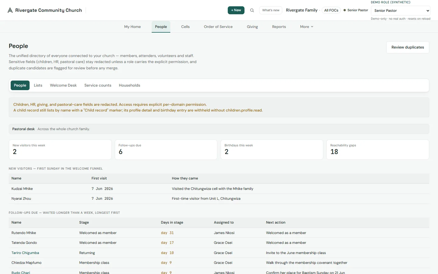 ChurchOS people module — unified directory with redacted sensitive fields and duplicate-review flags