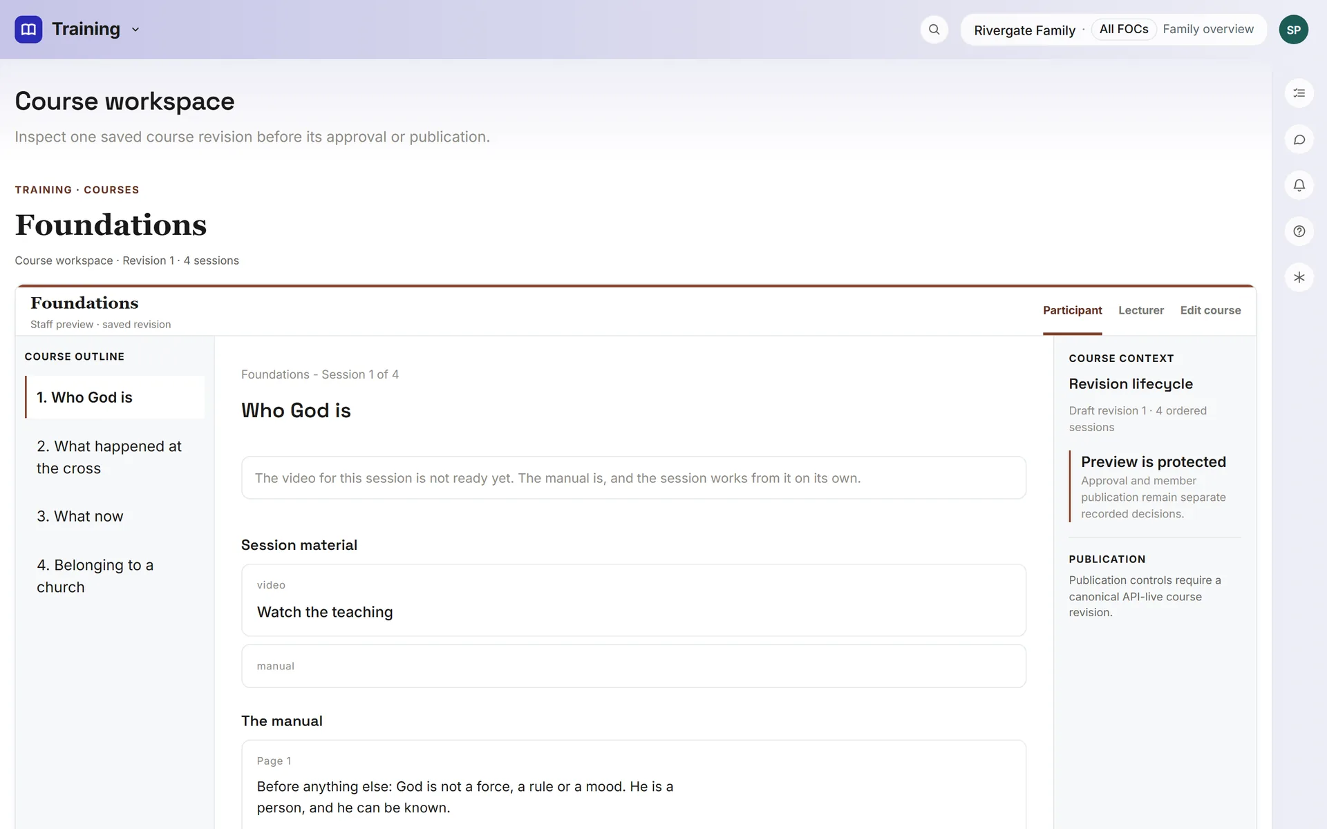 ChurchOS training school — a course workspace with the session outline, the teaching video and manual, and a protected revision lifecycle
