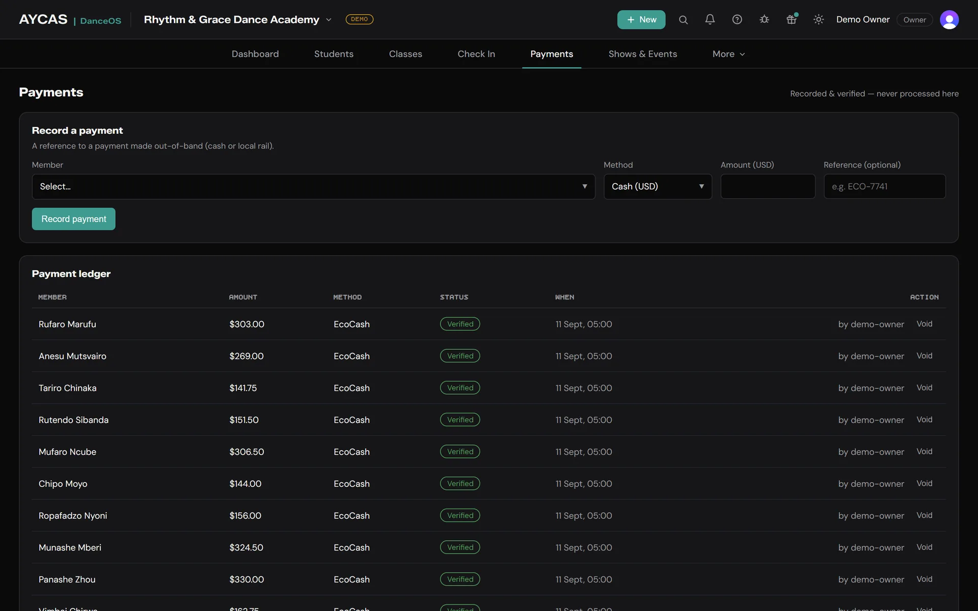 DanceOS payments — a ledger of EcoCash and cash fees, each recorded and verified