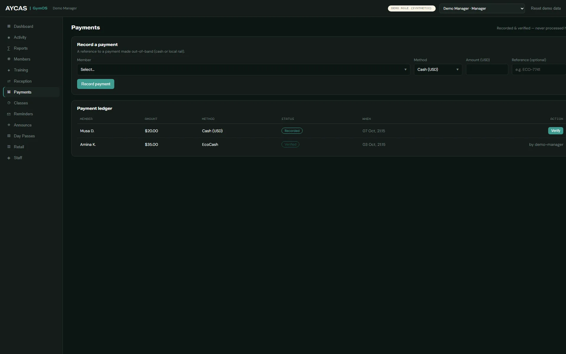 GymOS payments — a ledger of cash and EcoCash payments, recorded and verified